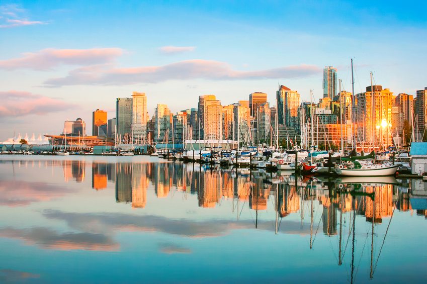 Vancouver Skyline With Stanley Park At Sunset Bc Canada