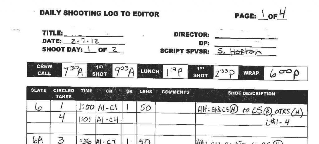 script supervisor script supervising daily editor's log
